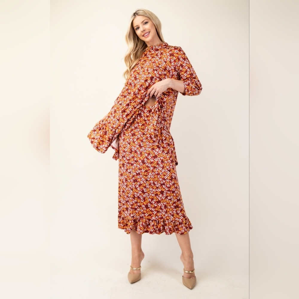 Celeste Rust Floral Full Size Floral Ruffled Top and Midi Skirt Set